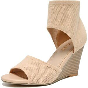 Apricot Fabric Wedge Sandal Elastic Knit Peep Toe Heels Sandal for Women Dressy